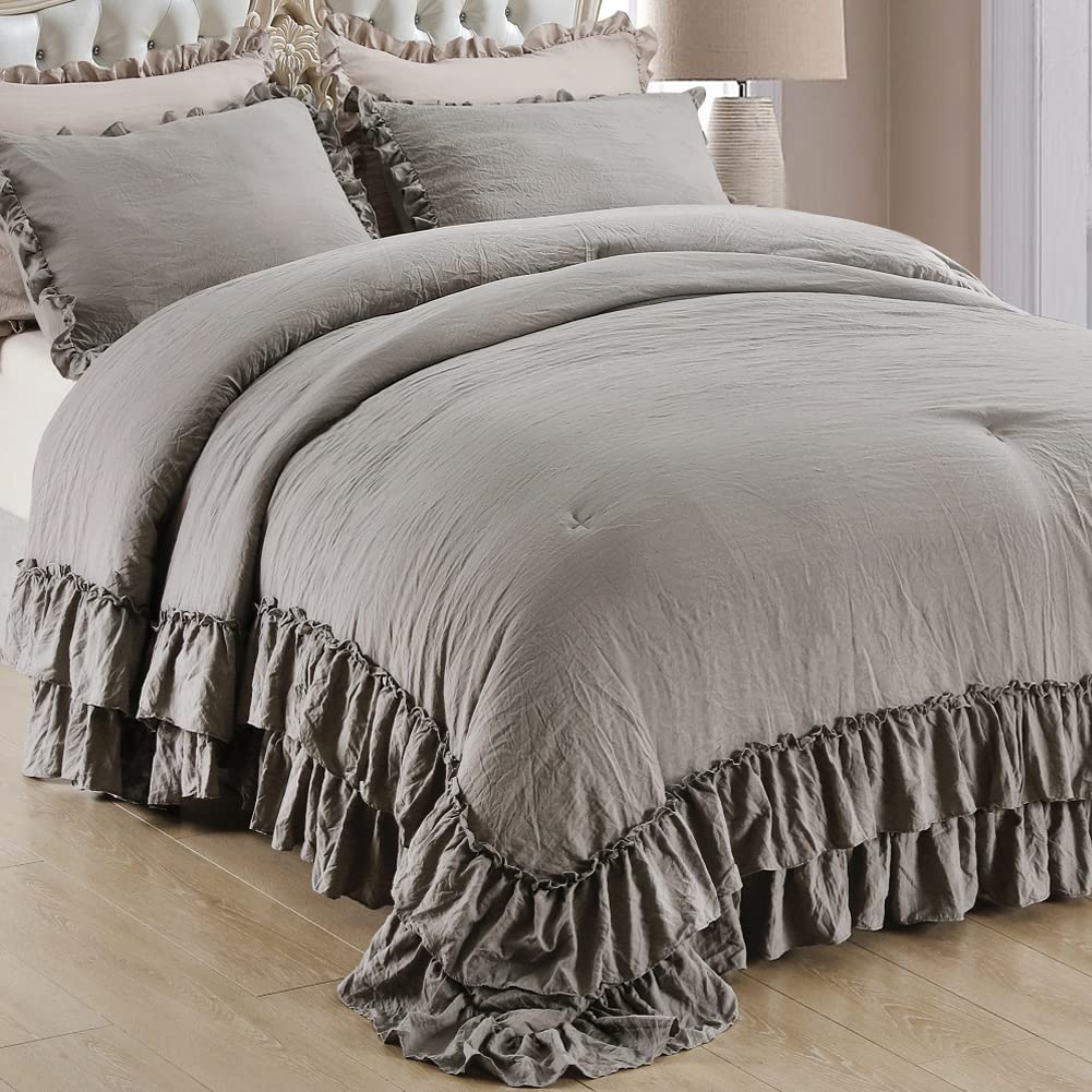 Masaca Grey Shabby Comforter Set Queen,Farmhouse Rustic Microfiber Bedding Ruffled Comforter Set,Vintage Gray Ruffle Comforter F